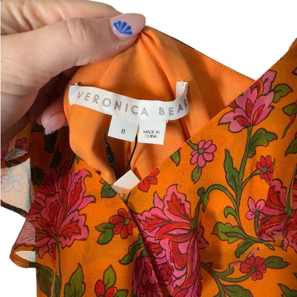 NWT Veronica Beard Randa Top Hot Orange Multi Floral Silk Blouse 8 Romantic - Picture 8 of 12